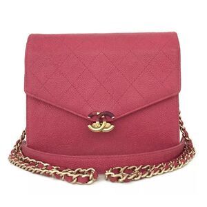 Auth Chanel CC Logo Cuba Flap Caviar Skin Wallet On Chain WOC Shoulder Bag Pink